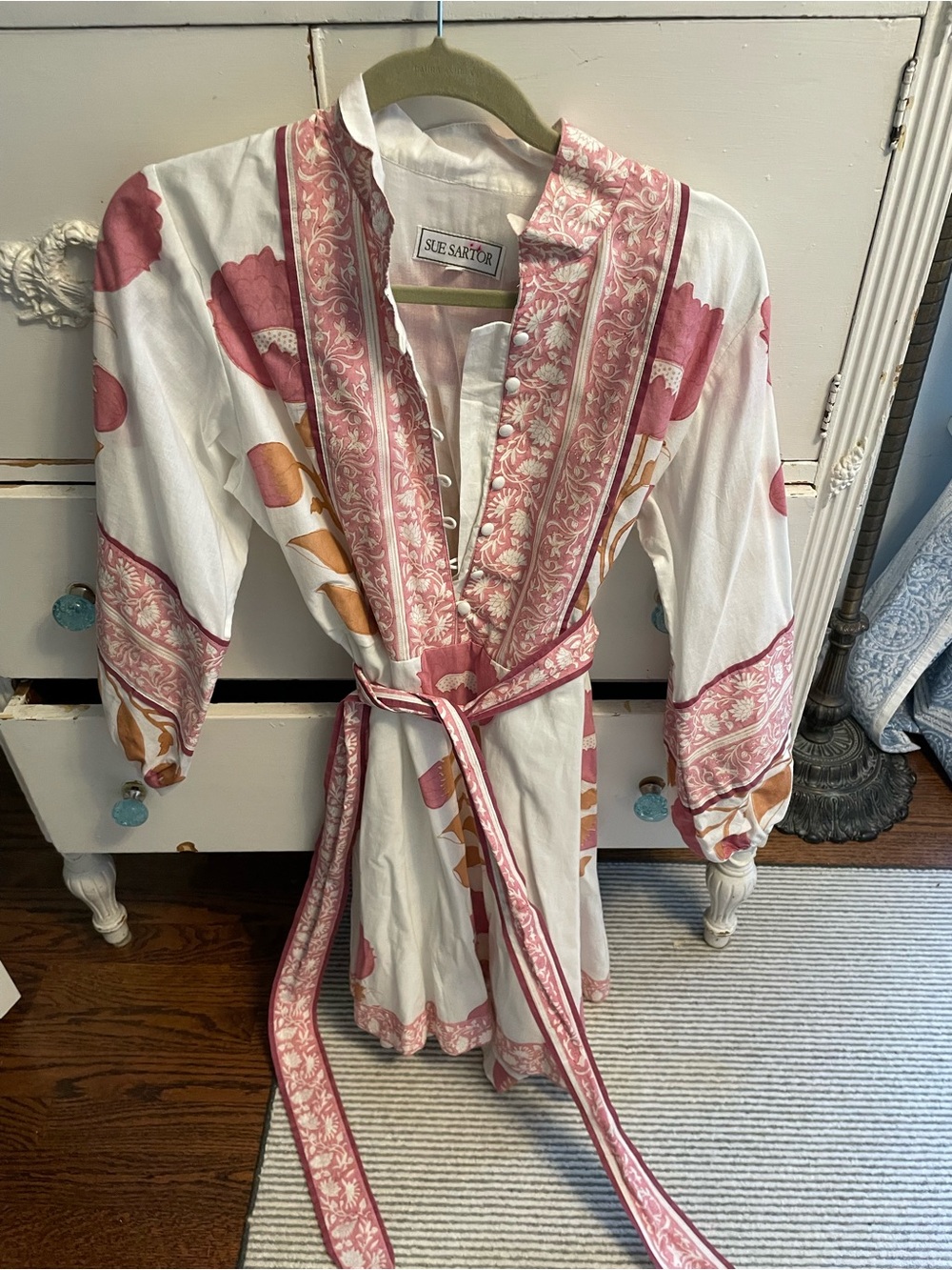Anthropologie White Tunic Dress with Pink Floral and Tan Accents - Picture 5 of 9